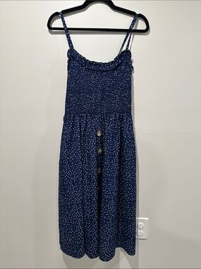 Smocked Navy Polka Dot Midi Dress with Button Front